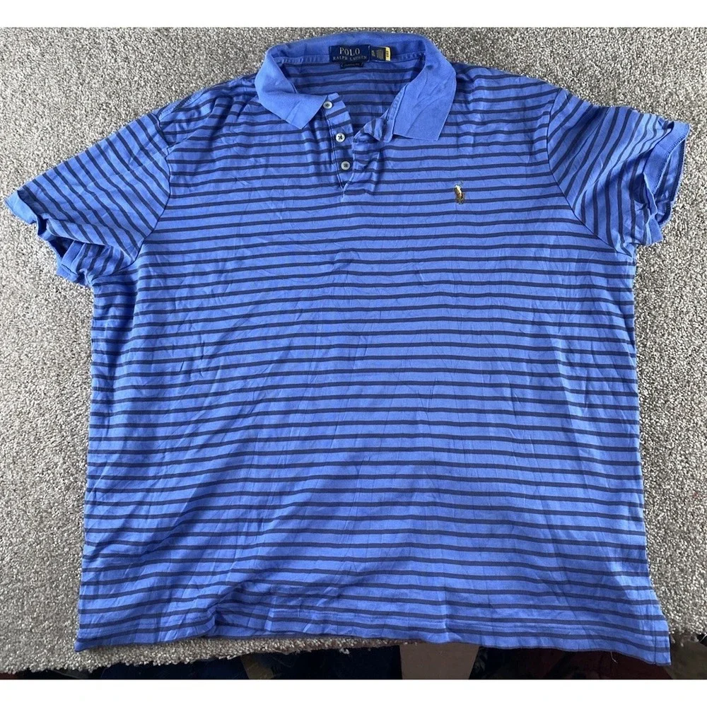 Polo Ralph Lauren Blue Striped Polo Shirt Soft Cotton Flesh Pony Mens XL Classic